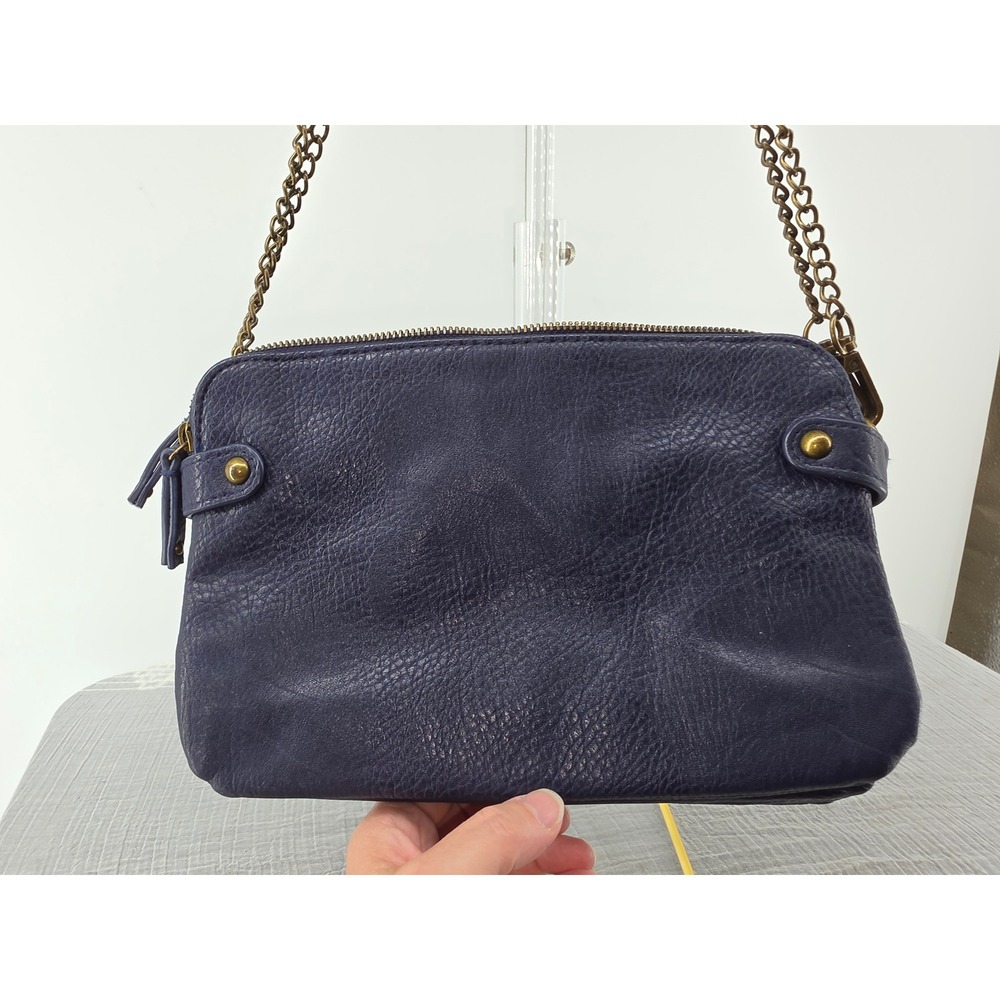 Navy Blue Pebbled Faux Leather Triple Zip Crossbody Bag Brass Chain Strap